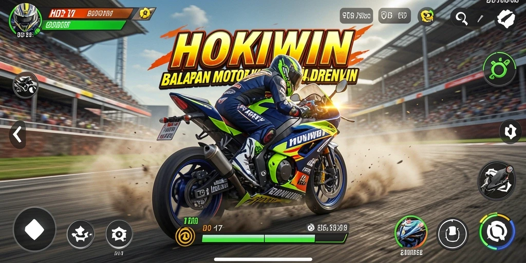 Tampilan gameplay HOKIWIN yang seru dan penuh aksi balapan motor.