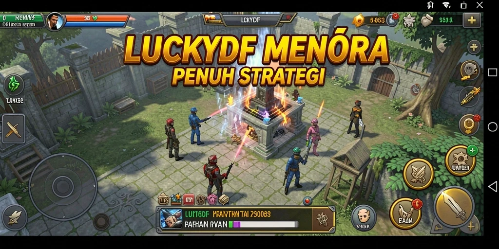 Screenshot utama LUCKYDF menampilkan aksi menara pertahanan yang intens.