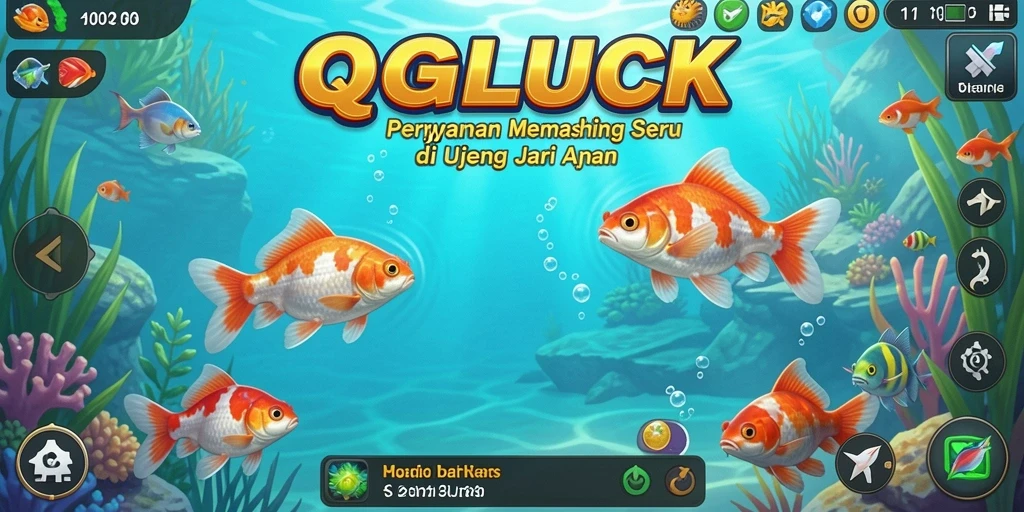 Screenshot gameplay QGLUCK menampilkan aksi seru memancing di laut.