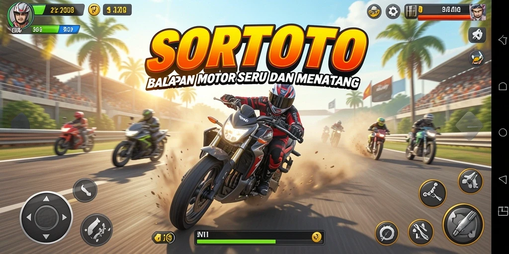 Screenshot menunjukkan aksi balapan motor yang intens dan penuh kecepatan.